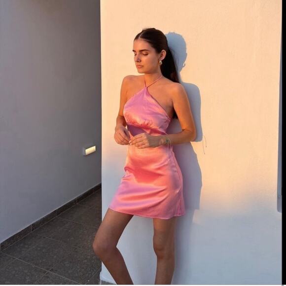 Zara Pink Satin Halter Neck Dress NWT Size L - Picture 5 of 11